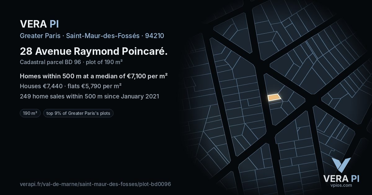 28 Avenue Raymond Poincaré, Saint-Maur-des-Fossés at night – the plot lit, the parcels around coloured by the prices near them