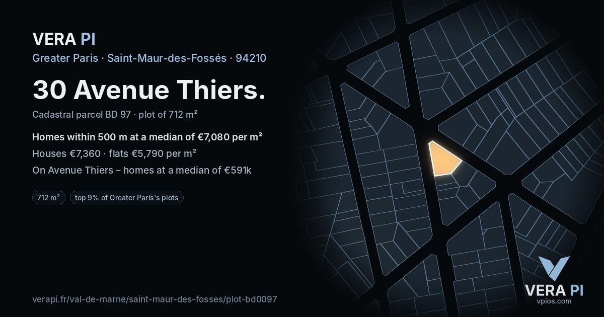 30 Avenue Thiers, Saint-Maur-des-Fossés at night – the plot lit, the parcels around coloured by the prices near them