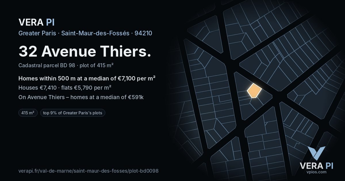 32 Avenue Thiers, Saint-Maur-des-Fossés at night – the plot lit, the parcels around coloured by the prices near them
