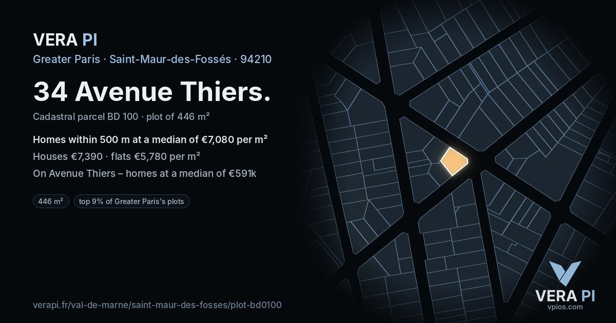 34 Avenue Thiers, Saint-Maur-des-Fossés at night – the plot lit, the parcels around coloured by the prices near them