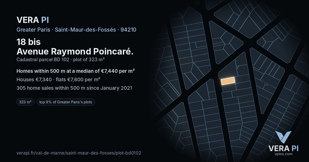 18 bis Avenue Raymond Poincaré, Saint-Maur-des-Fossés at night – the plot lit, the parcels around coloured by the prices near them