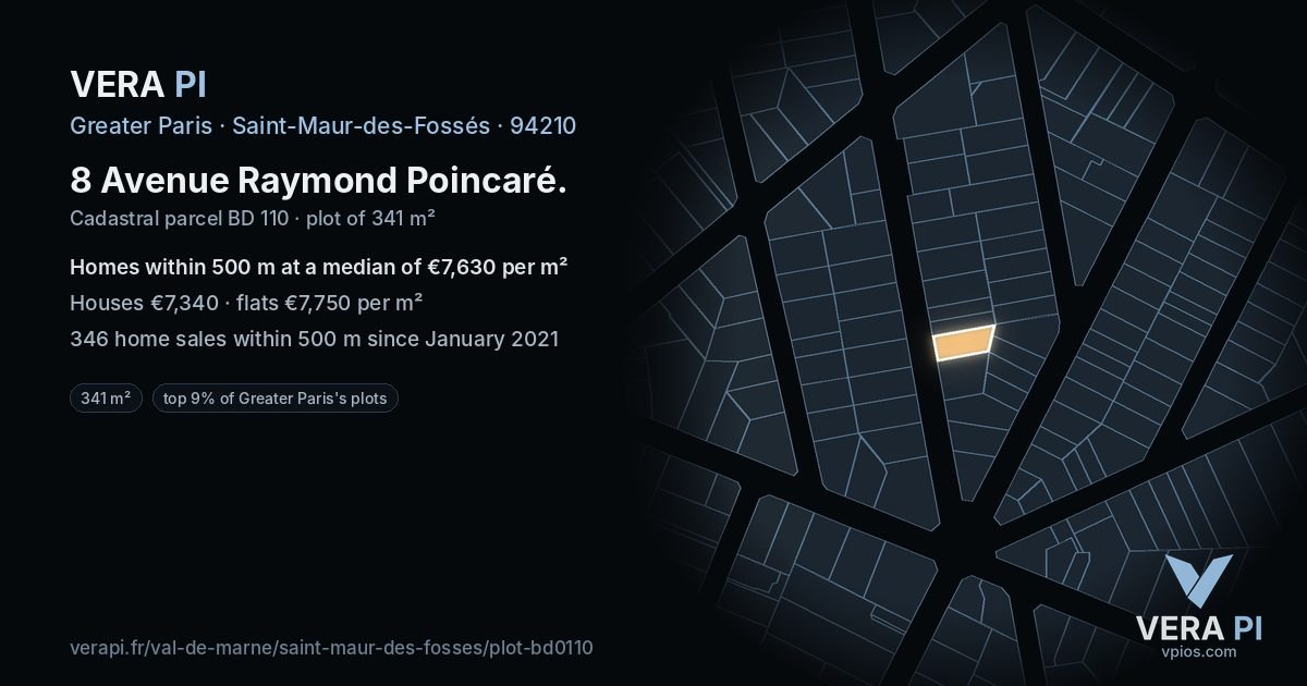 8 Avenue Raymond Poincaré, Saint-Maur-des-Fossés at night – the plot lit, the parcels around coloured by the prices near them