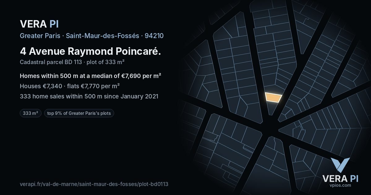4 Avenue Raymond Poincaré, Saint-Maur-des-Fossés at night – the plot lit, the parcels around coloured by the prices near them
