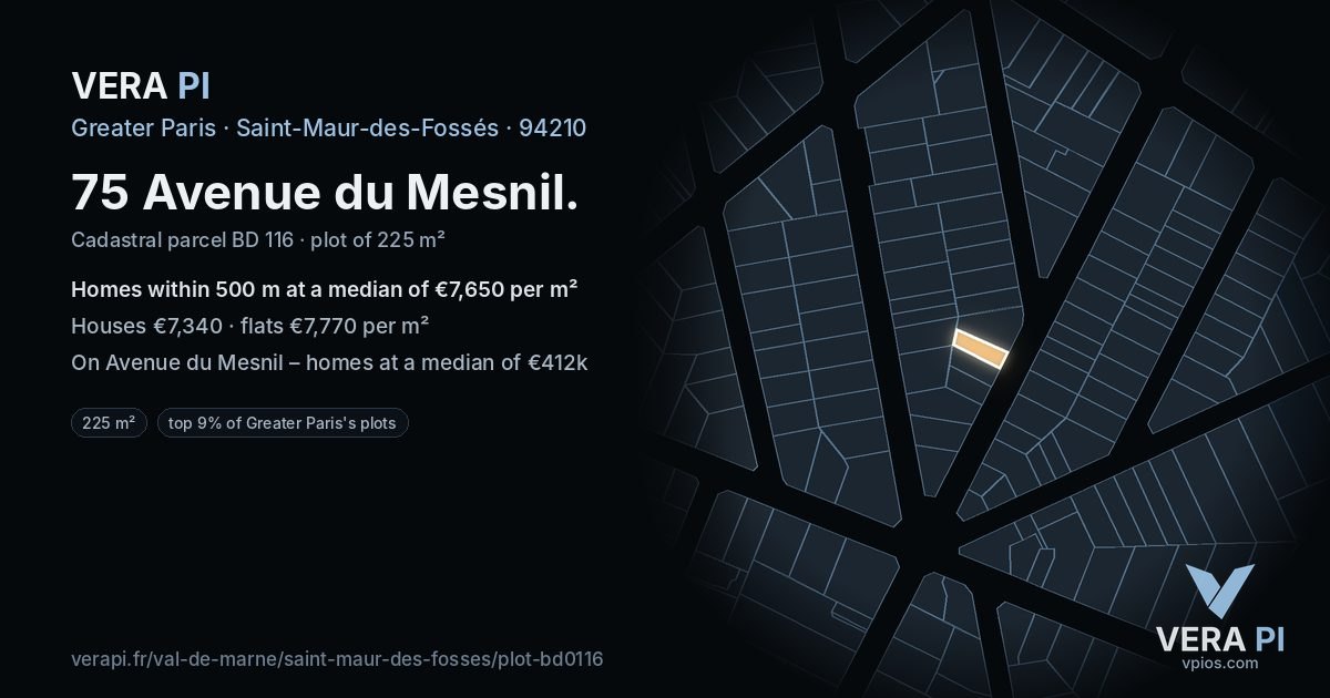 75 Avenue du Mesnil, Saint-Maur-des-Fossés at night – the plot lit, the parcels around coloured by the prices near them