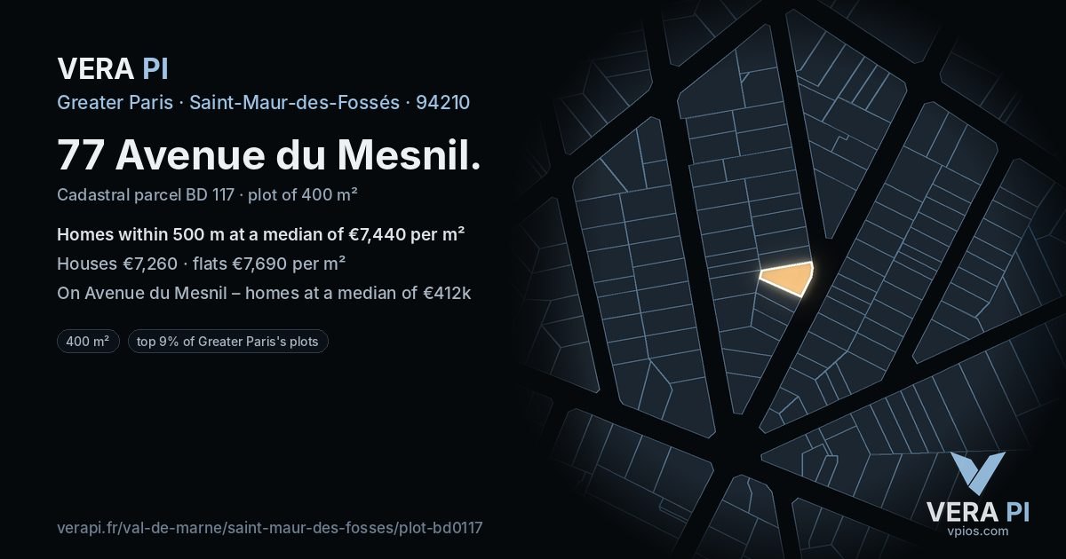 77 Avenue du Mesnil, Saint-Maur-des-Fossés at night – the plot lit, the parcels around coloured by the prices near them