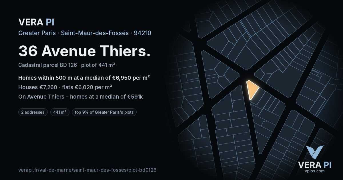 36 Avenue Thiers, Saint-Maur-des-Fossés at night – the plot lit, the parcels around coloured by the prices near them