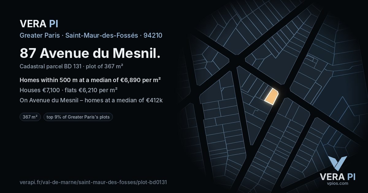 87 Avenue du Mesnil, Saint-Maur-des-Fossés at night – the plot lit, the parcels around coloured by the prices near them