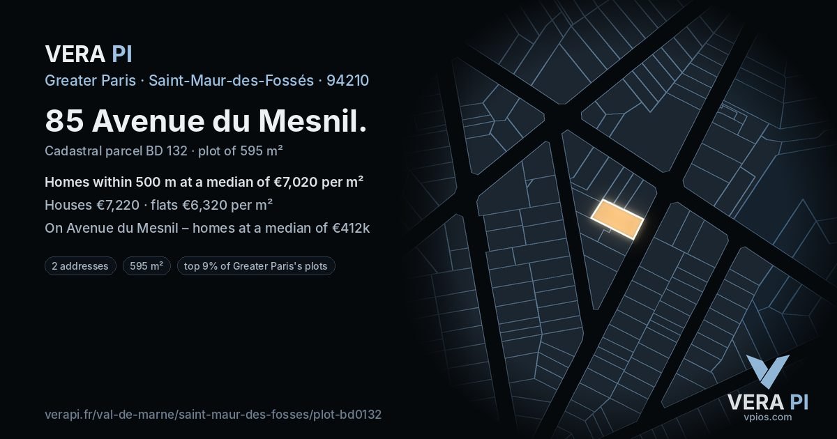 85 Avenue du Mesnil, Saint-Maur-des-Fossés at night – the plot lit, the parcels around coloured by the prices near them