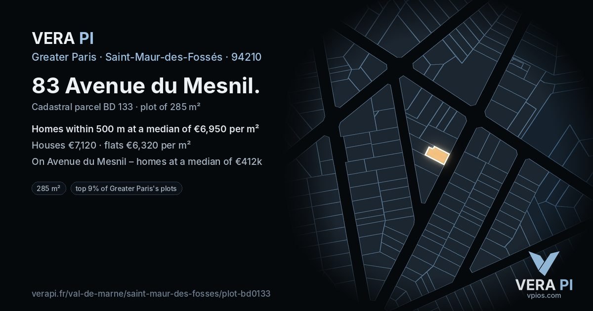 83 Avenue du Mesnil, Saint-Maur-des-Fossés at night – the plot lit, the parcels around coloured by the prices near them