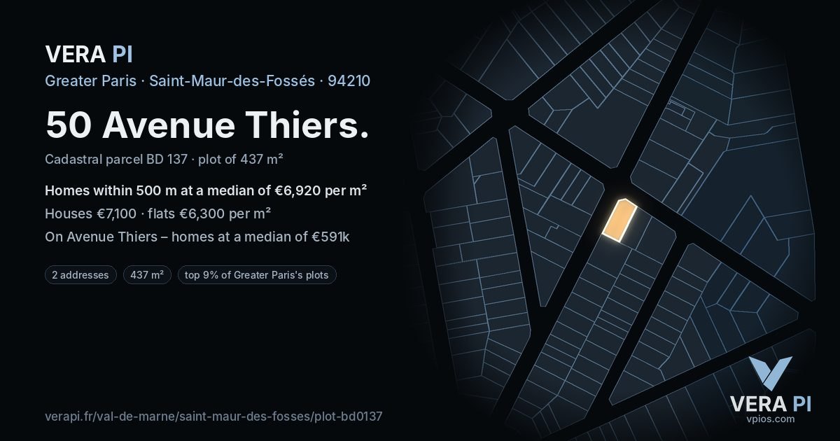 50 Avenue Thiers, Saint-Maur-des-Fossés at night – the plot lit, the parcels around coloured by the prices near them
