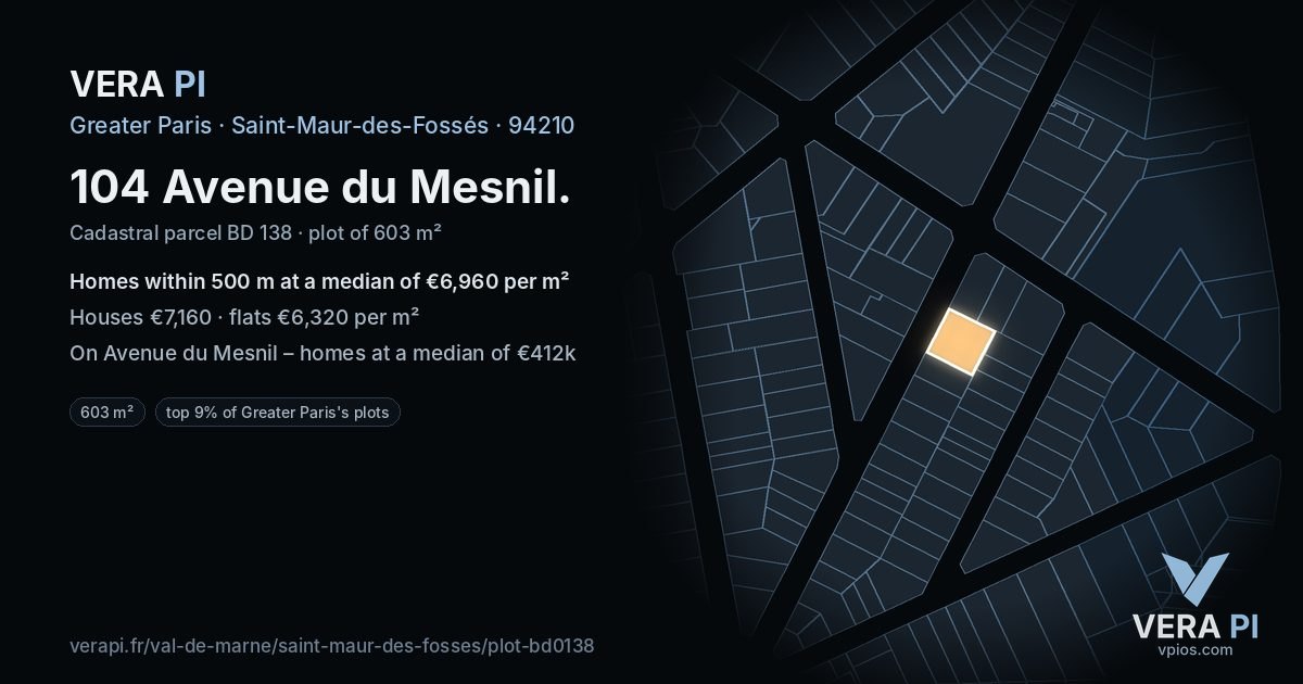 104 Avenue du Mesnil, Saint-Maur-des-Fossés at night – the plot lit, the parcels around coloured by the prices near them