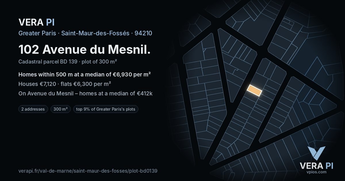 102 Avenue du Mesnil, Saint-Maur-des-Fossés at night – the plot lit, the parcels around coloured by the prices near them