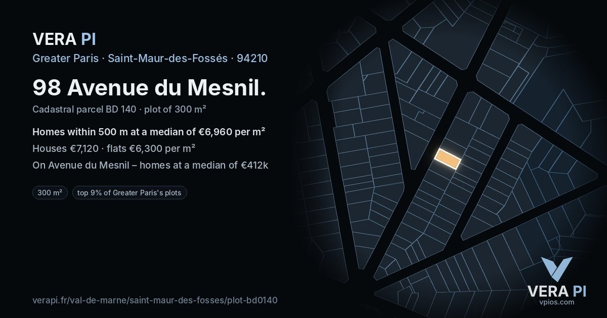 98 Avenue du Mesnil, Saint-Maur-des-Fossés at night – the plot lit, the parcels around coloured by the prices near them