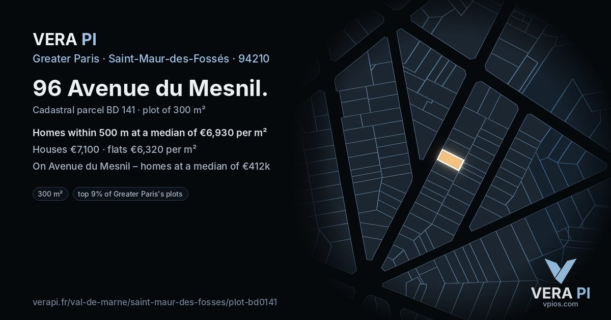 96 Avenue du Mesnil, Saint-Maur-des-Fossés at night – the plot lit, the parcels around coloured by the prices near them