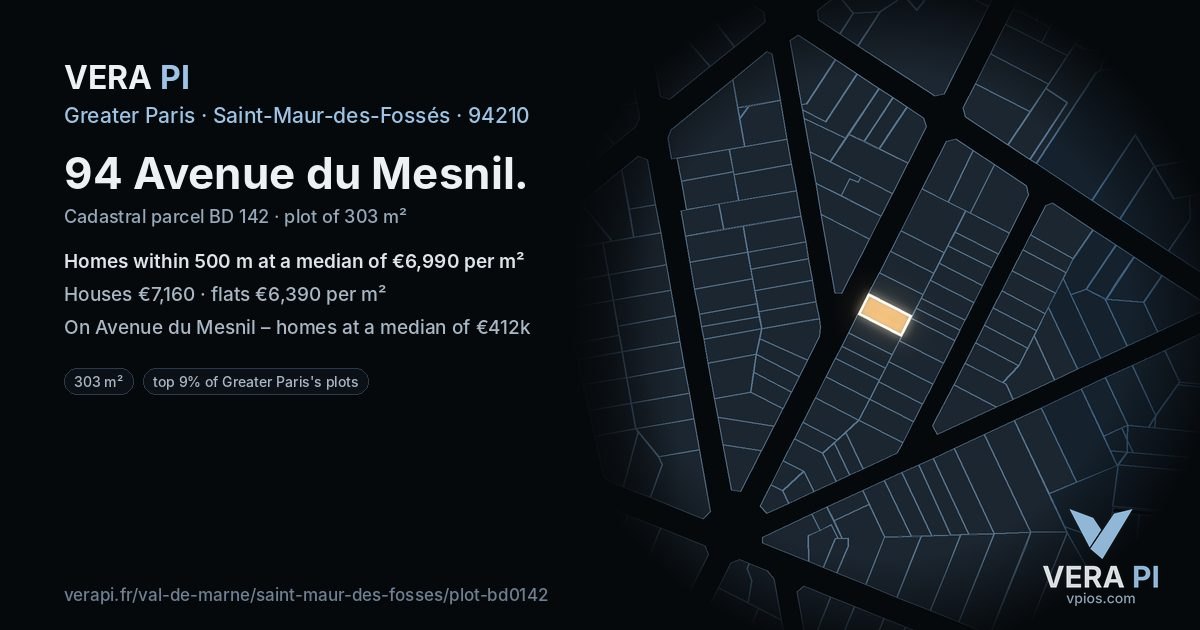 94 Avenue du Mesnil, Saint-Maur-des-Fossés at night – the plot lit, the parcels around coloured by the prices near them