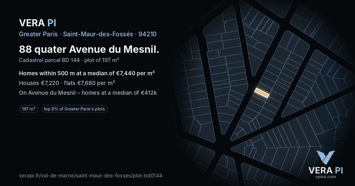 88 quater Avenue du Mesnil, Saint-Maur-des-Fossés at night – the plot lit, the parcels around coloured by the prices near them