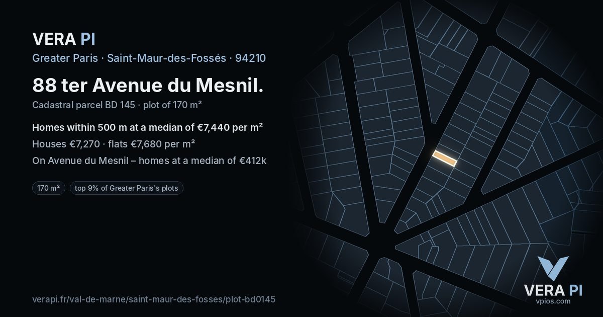 88 ter Avenue du Mesnil, Saint-Maur-des-Fossés at night – the plot lit, the parcels around coloured by the prices near them