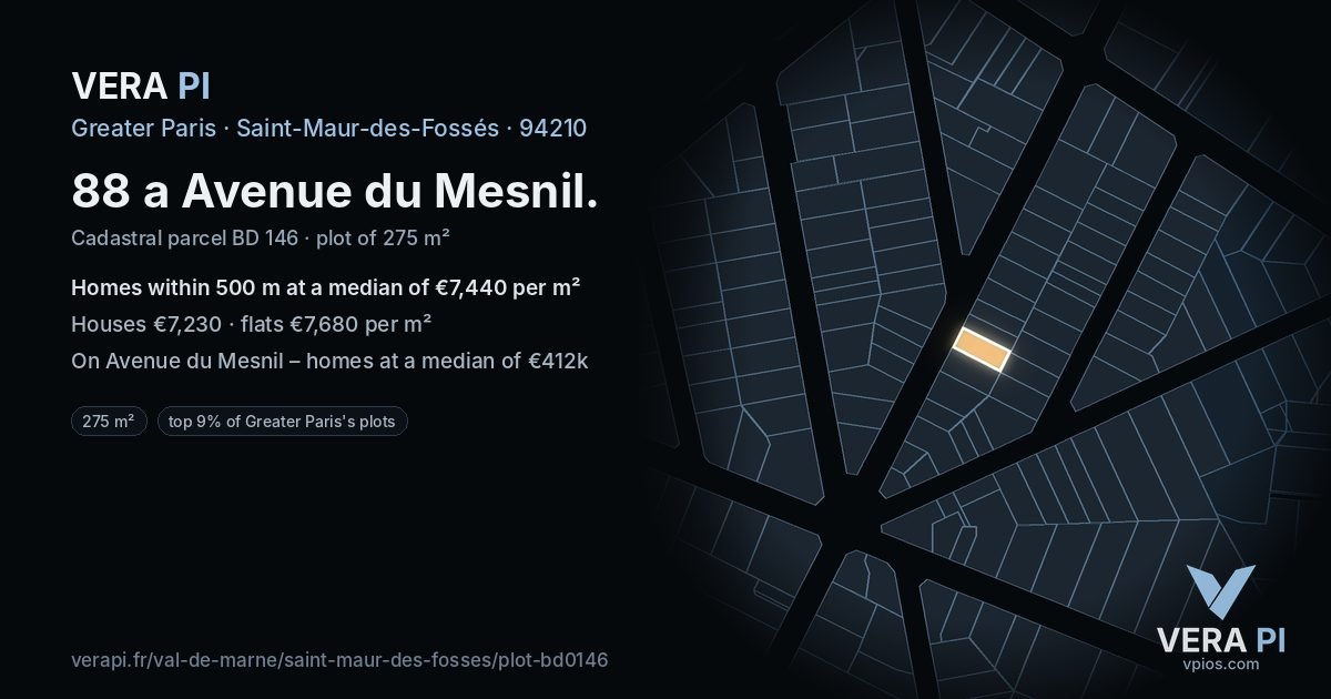 88 a Avenue du Mesnil, Saint-Maur-des-Fossés at night – the plot lit, the parcels around coloured by the prices near them
