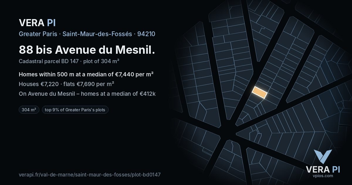 88 bis Avenue du Mesnil, Saint-Maur-des-Fossés at night – the plot lit, the parcels around coloured by the prices near them