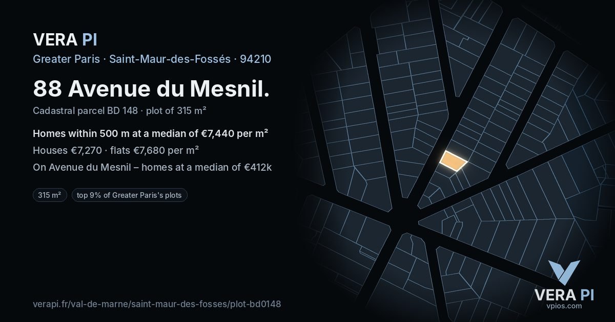 88 Avenue du Mesnil, Saint-Maur-des-Fossés at night – the plot lit, the parcels around coloured by the prices near them