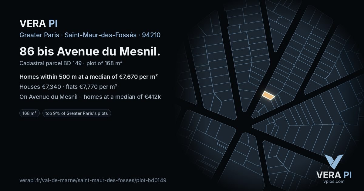 86 bis Avenue du Mesnil, Saint-Maur-des-Fossés at night – the plot lit, the parcels around coloured by the prices near them