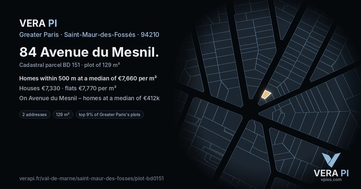 84 Avenue du Mesnil, Saint-Maur-des-Fossés at night – the plot lit, the parcels around coloured by the prices near them