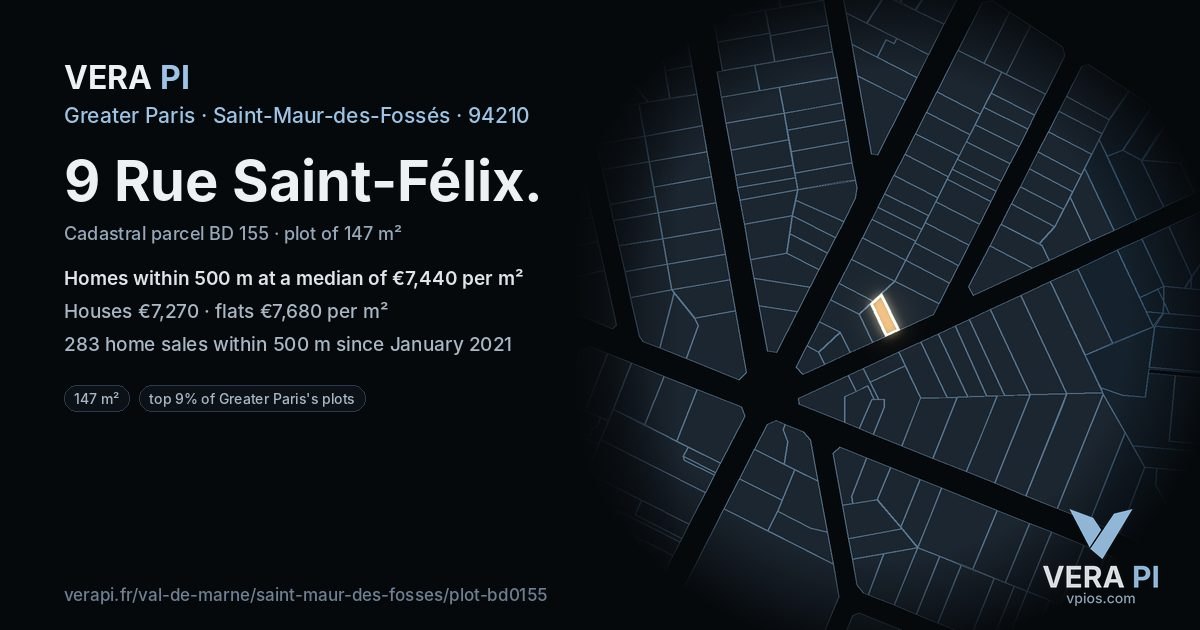 9 Rue Saint-Félix, Saint-Maur-des-Fossés at night – the plot lit, the parcels around coloured by the prices near them