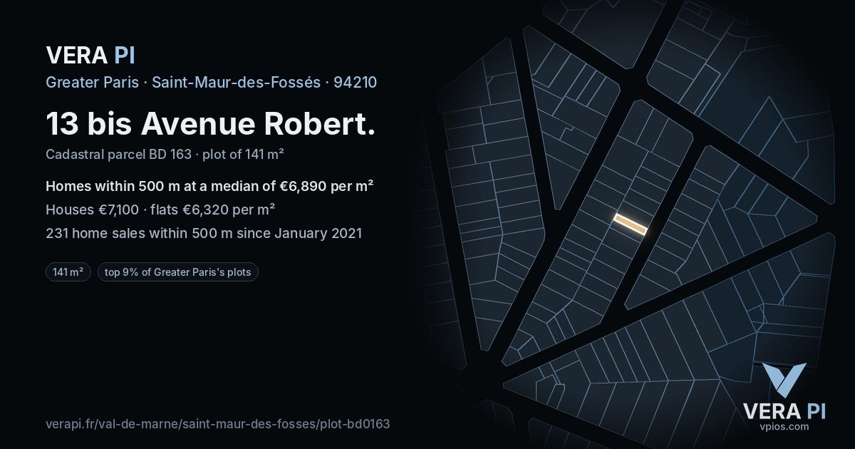 13 bis Avenue Robert, Saint-Maur-des-Fossés at night – the plot lit, the parcels around coloured by the prices near them