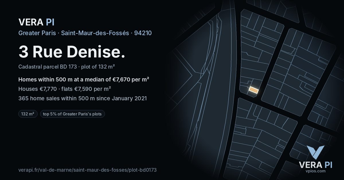 3 Rue Denise, Saint-Maur-des-Fossés at night – the plot lit, the parcels around coloured by the prices near them