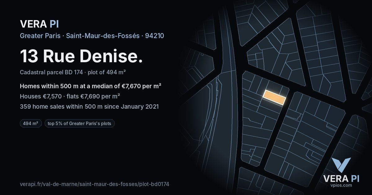 13 Rue Denise, Saint-Maur-des-Fossés at night – the plot lit, the parcels around coloured by the prices near them