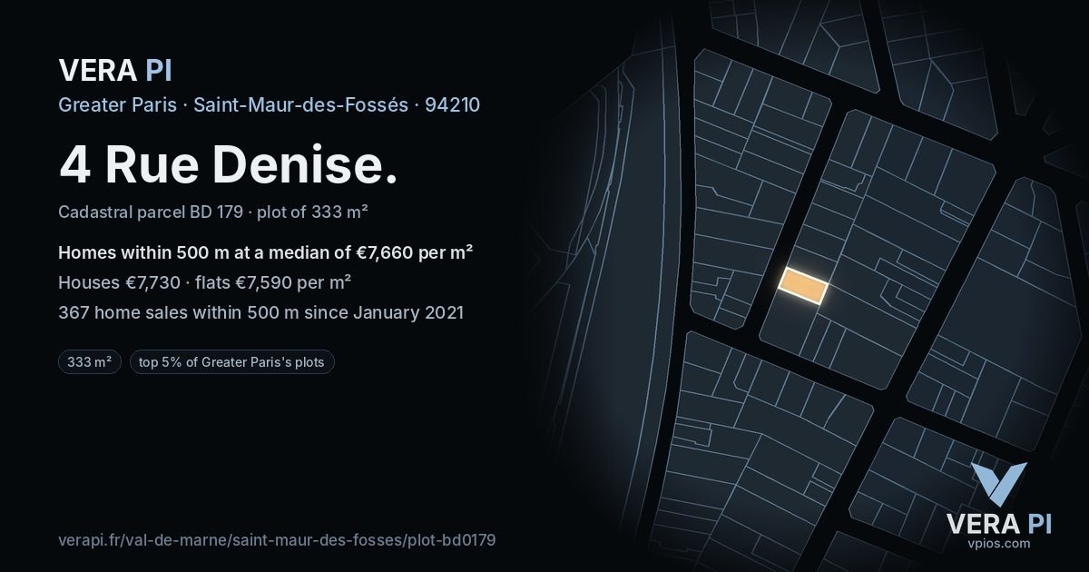 4 Rue Denise, Saint-Maur-des-Fossés at night – the plot lit, the parcels around coloured by the prices near them