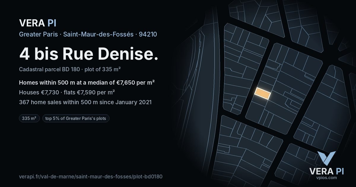4 bis Rue Denise, Saint-Maur-des-Fossés at night – the plot lit, the parcels around coloured by the prices near them