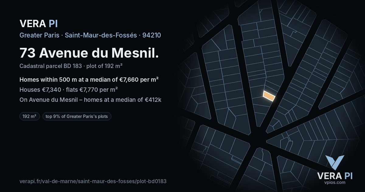 73 Avenue du Mesnil, Saint-Maur-des-Fossés at night – the plot lit, the parcels around coloured by the prices near them