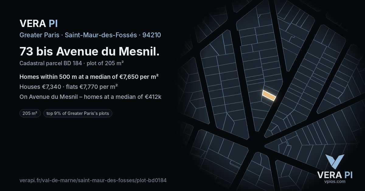 73 bis Avenue du Mesnil, Saint-Maur-des-Fossés at night – the plot lit, the parcels around coloured by the prices near them