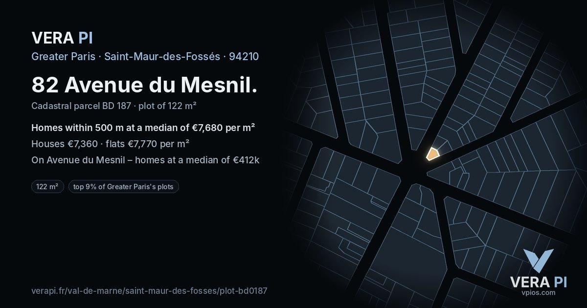 82 Avenue du Mesnil, Saint-Maur-des-Fossés at night – the plot lit, the parcels around coloured by the prices near them