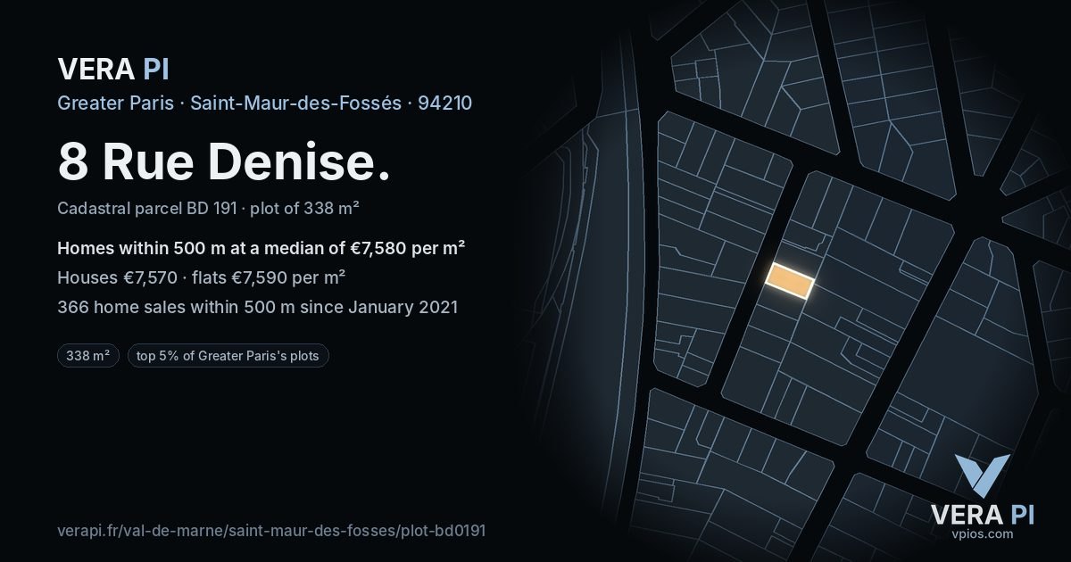 8 Rue Denise, Saint-Maur-des-Fossés at night – the plot lit, the parcels around coloured by the prices near them