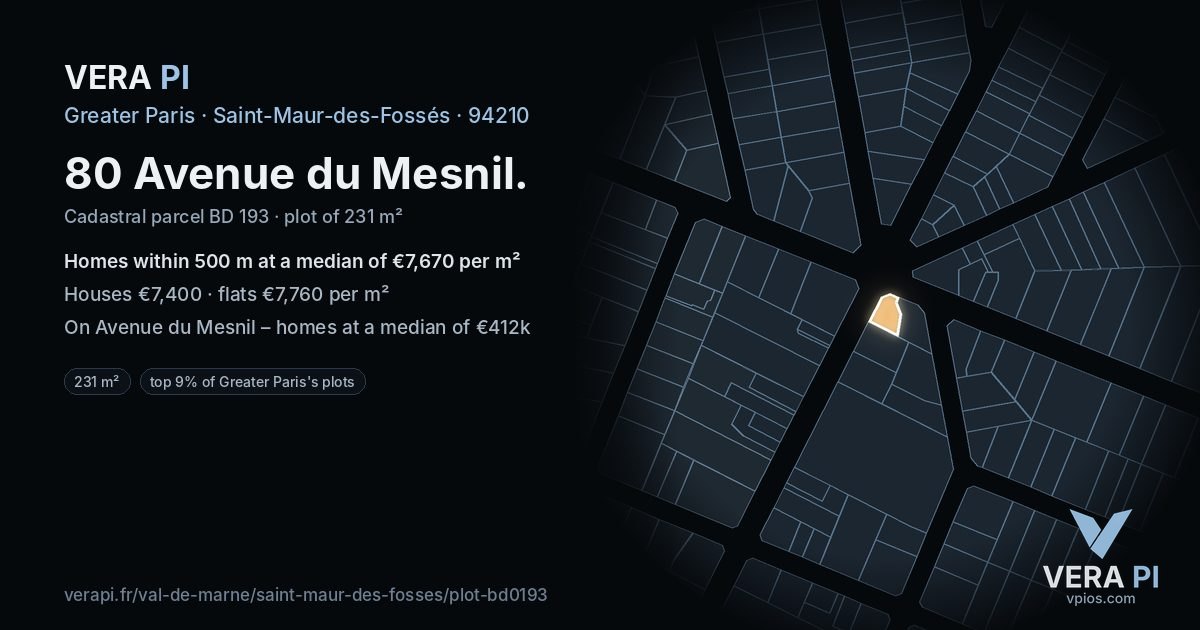 80 Avenue du Mesnil, Saint-Maur-des-Fossés at night – the plot lit, the parcels around coloured by the prices near them