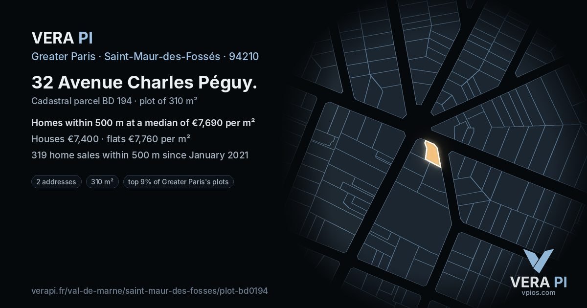 32 Avenue Charles Péguy, Saint-Maur-des-Fossés at night – the plot lit, the parcels around coloured by the prices near them