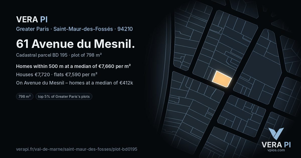 61 Avenue du Mesnil, Saint-Maur-des-Fossés at night – the plot lit, the parcels around coloured by the prices near them