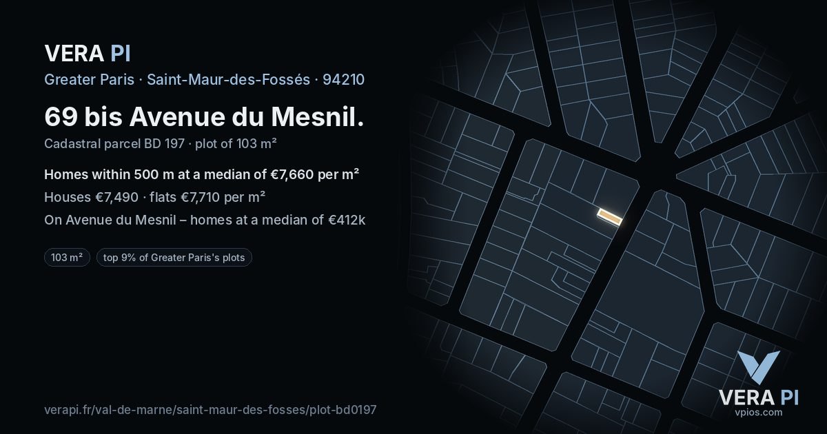69 bis Avenue du Mesnil, Saint-Maur-des-Fossés at night – the plot lit, the parcels around coloured by the prices near them