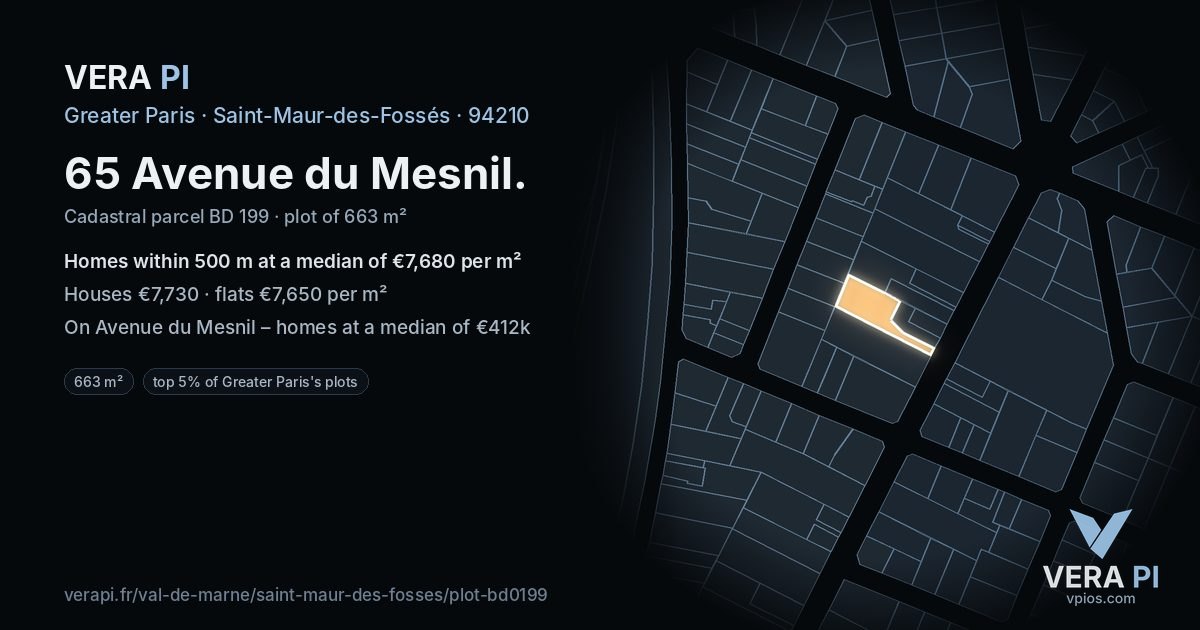 65 Avenue du Mesnil, Saint-Maur-des-Fossés at night – the plot lit, the parcels around coloured by the prices near them