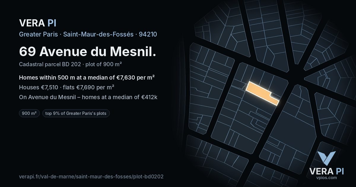 69 Avenue du Mesnil, Saint-Maur-des-Fossés at night – the plot lit, the parcels around coloured by the prices near them