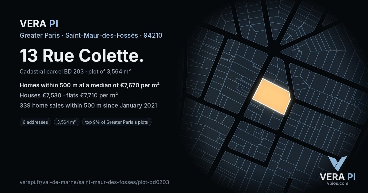13 Rue Colette, Saint-Maur-des-Fossés at night – the plot lit, the parcels around coloured by the prices near them