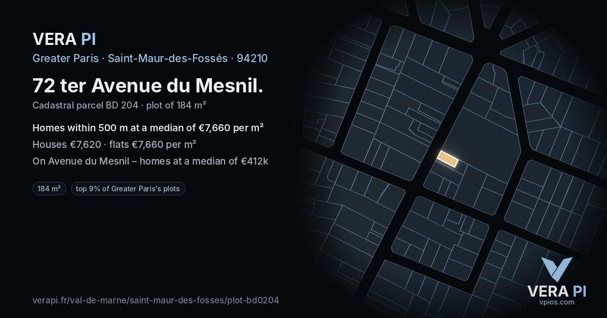 72 ter Avenue du Mesnil, Saint-Maur-des-Fossés at night – the plot lit, the parcels around coloured by the prices near them
