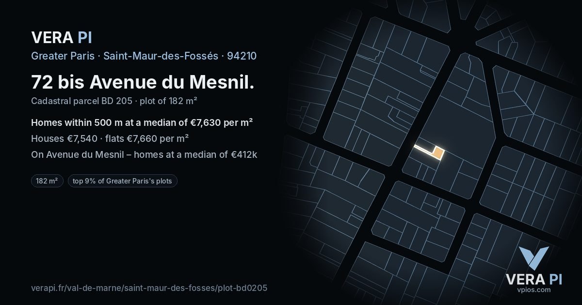 72 bis Avenue du Mesnil, Saint-Maur-des-Fossés at night – the plot lit, the parcels around coloured by the prices near them