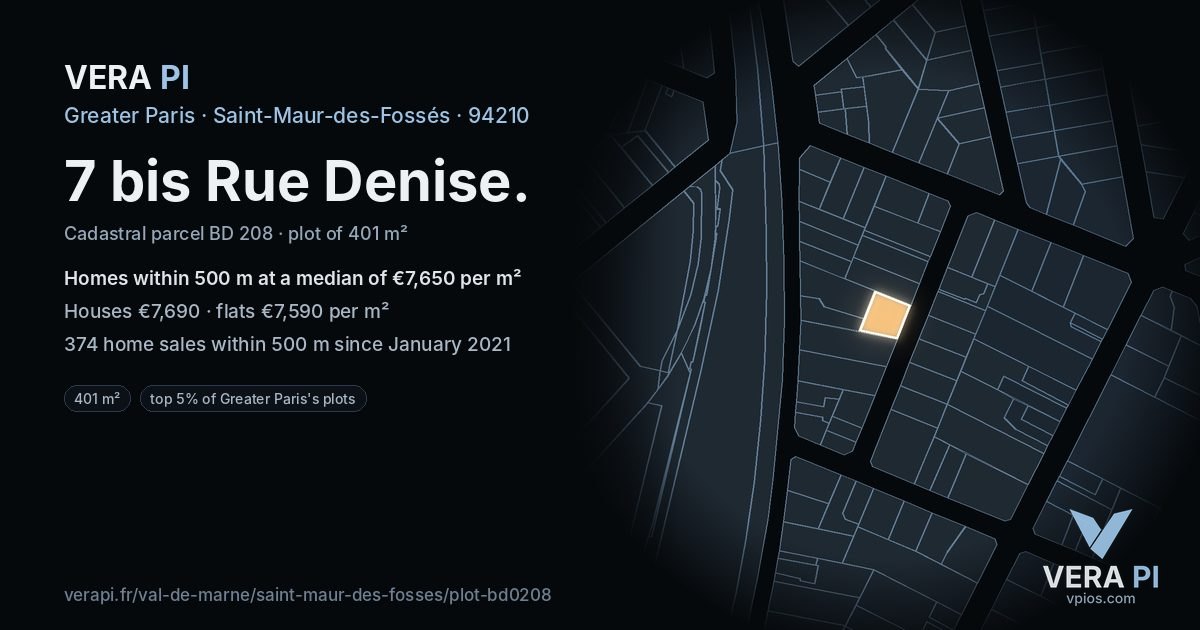 7 bis Rue Denise, Saint-Maur-des-Fossés at night – the plot lit, the parcels around coloured by the prices near them
