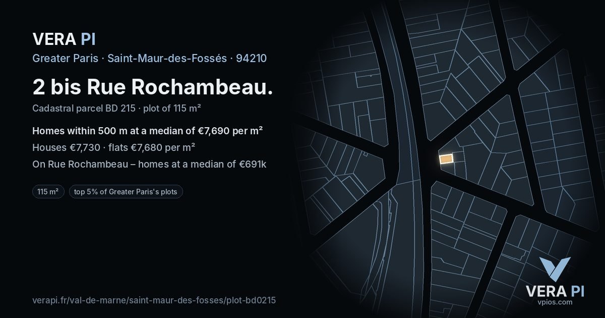 2 bis Rue Rochambeau, Saint-Maur-des-Fossés at night – the plot lit, the parcels around coloured by the prices near them