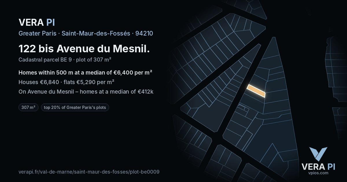 122 bis Avenue du Mesnil, Saint-Maur-des-Fossés at night – the plot lit, the parcels around coloured by the prices near them