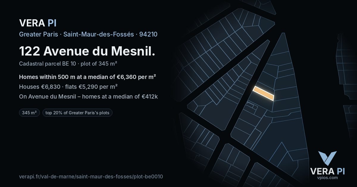 122 Avenue du Mesnil, Saint-Maur-des-Fossés at night – the plot lit, the parcels around coloured by the prices near them