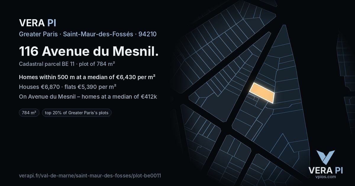 116 Avenue du Mesnil, Saint-Maur-des-Fossés at night – the plot lit, the parcels around coloured by the prices near them